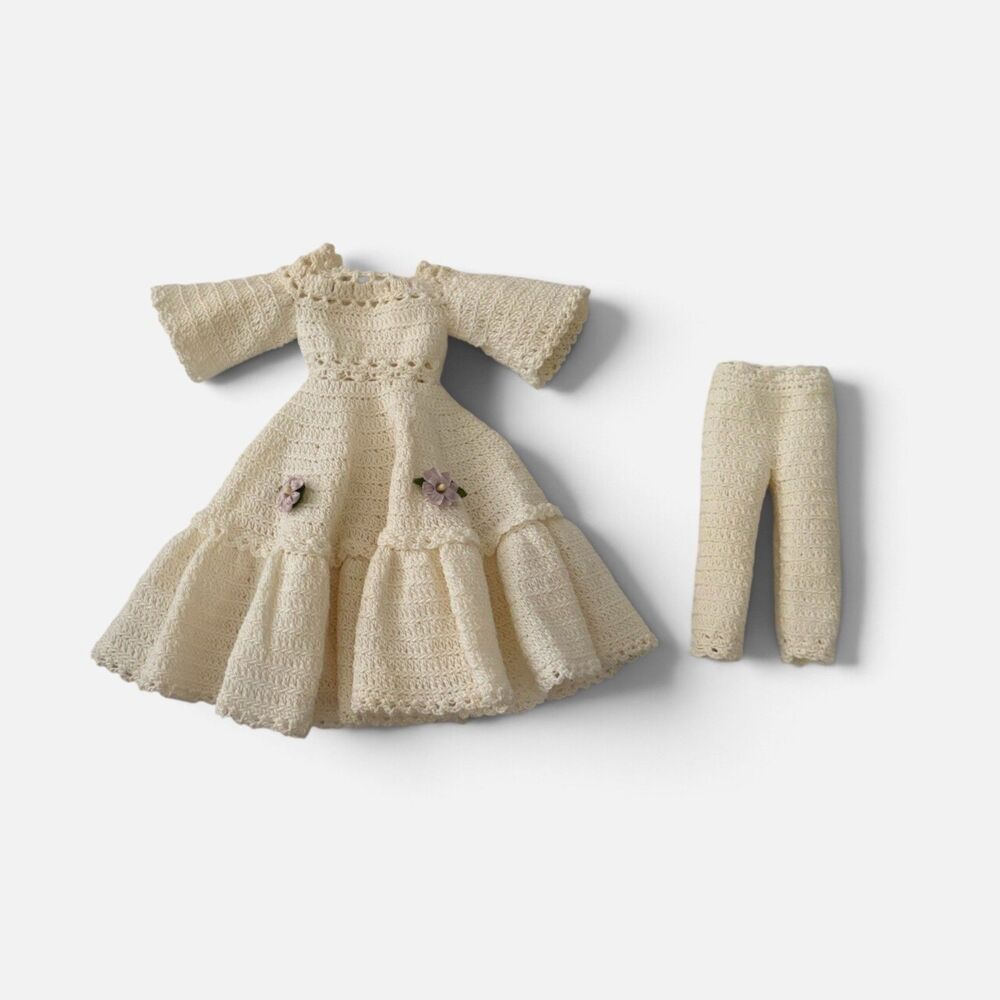 Vintage Barbie doll dress homemade crochet ivory Wedding Dress matching pants